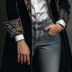 Women's black baroque print slim fit blazer with statement lapels and single-breasted front