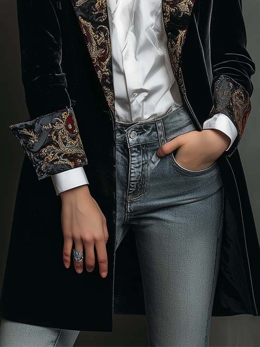 Women's black baroque print slim fit blazer with statement lapels and single-breasted front