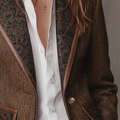 Brown herringbone printed panel blazer with defined shoulders and contrast edges