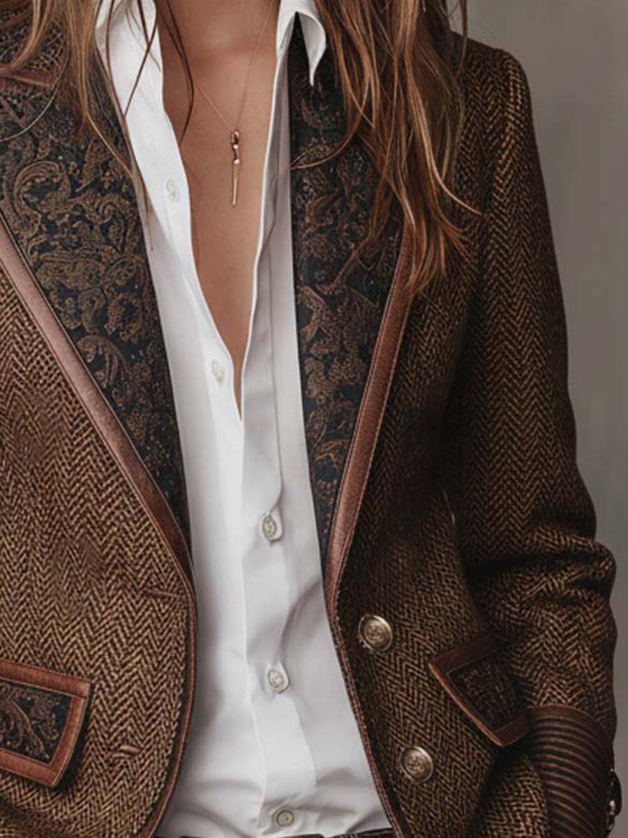 Brown herringbone printed panel blazer with defined shoulders and contrast edges
