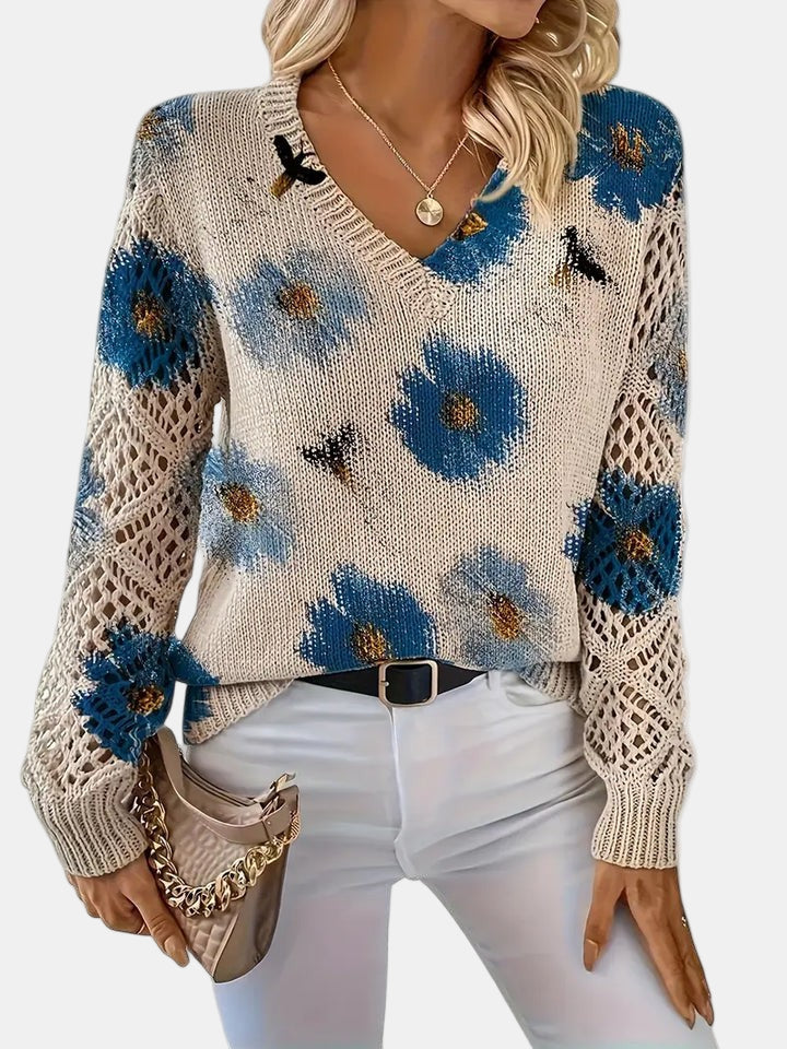 Delphine | Floral Knit V-Neck Sweater