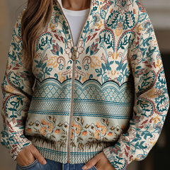 Floral botanical print zip-front cardigan in teal, marigold, terra cotta and cream with scalloped hem