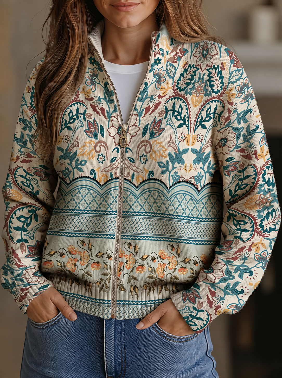 Floral botanical print zip-front cardigan in teal, marigold, terra cotta and cream with scalloped hem