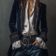 Women's vintage embroidered longline jacket with ornate lapel and cuff detailing