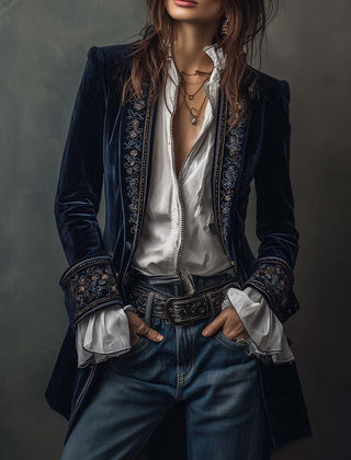 Women's vintage embroidered longline jacket with ornate lapel and cuff detailing
