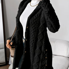 Women's hooded longline cardigan with button-front closure and raised textured surface