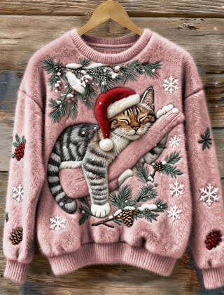 Women's crew neck sweater with a festive cat graphic and winter motifs, long sleeves and ribbed cuffs