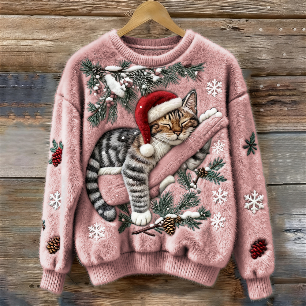 Women's crew neck sweater with a festive cat graphic and winter motifs, long sleeves and ribbed cuffs
