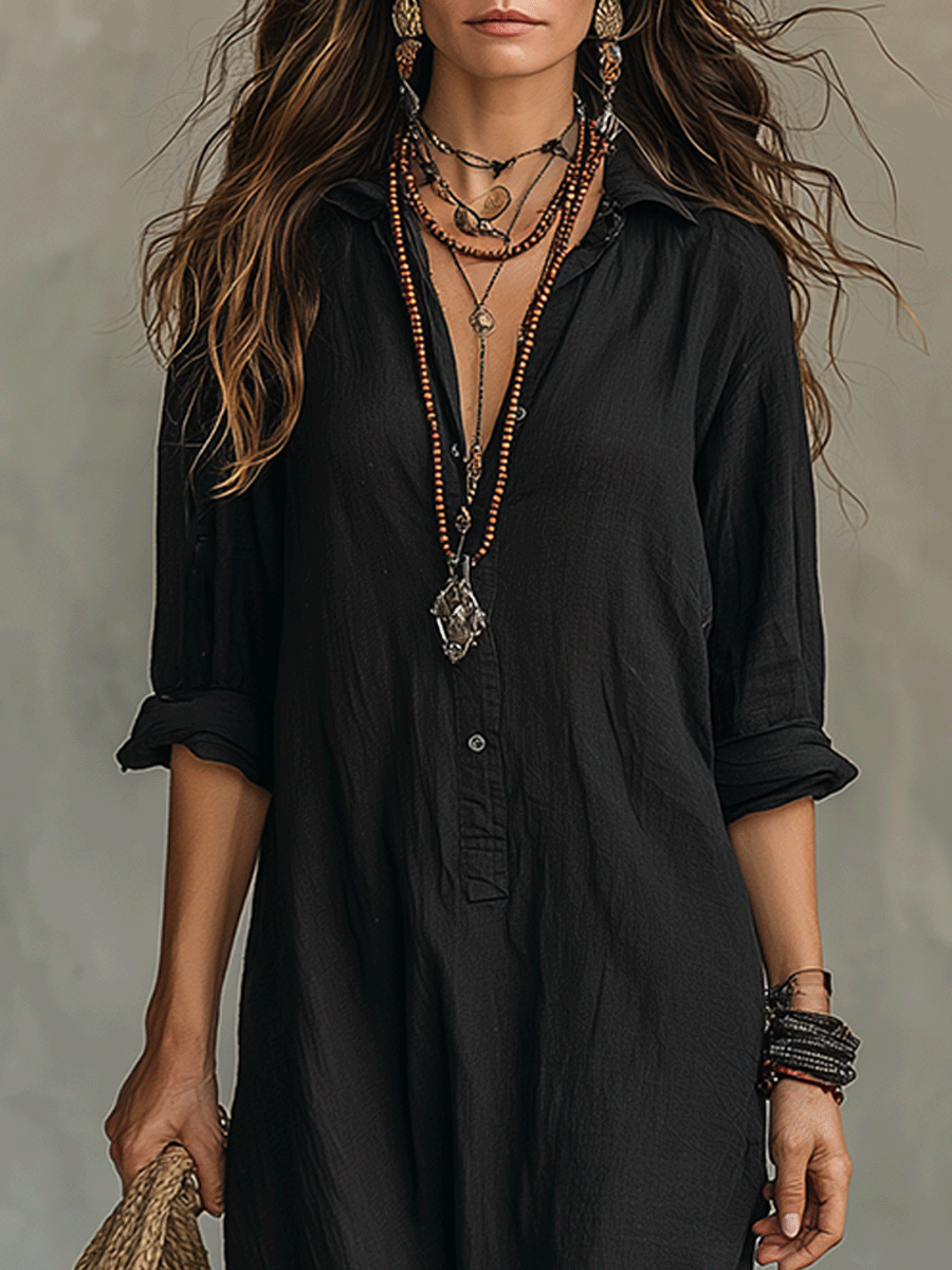 Rosalie | Button-Front Bohemian Shirt Maxi Dress