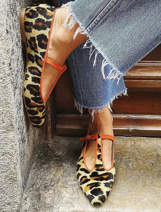 Leopard print T-strap flats with adjustable strap and flat sole