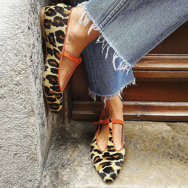 Leopard print T-strap flats with adjustable strap and flat sole