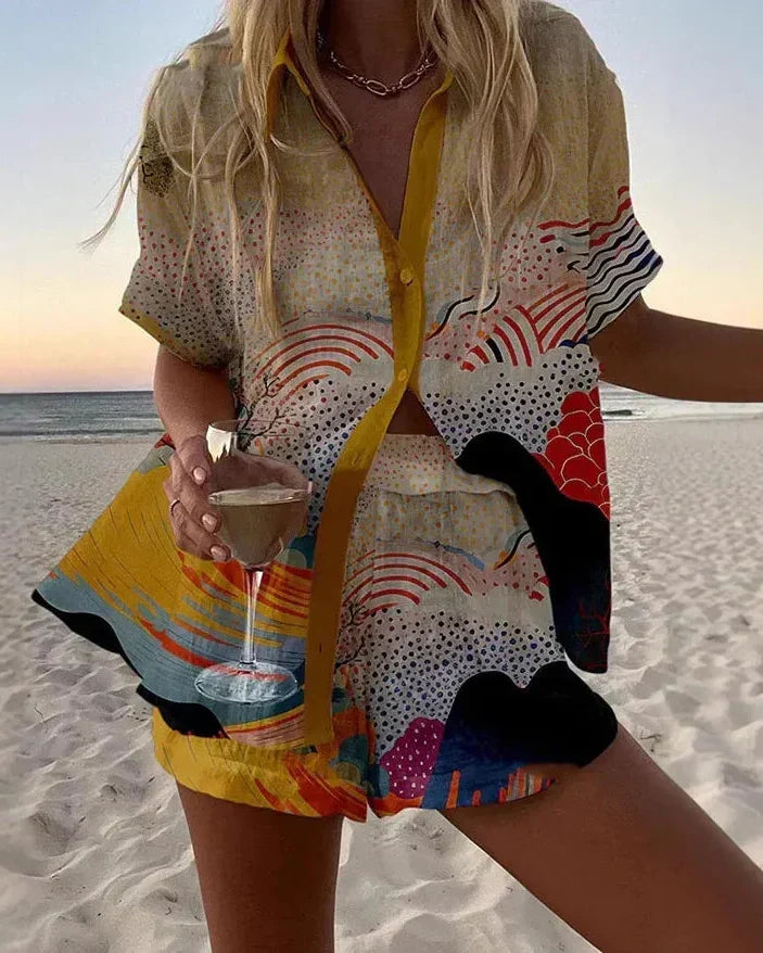 Kyoto summer coordinated set with ukiyo-e inspired wave print in red, navy, black and gold on cream
