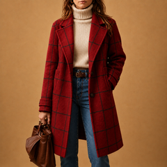 Women's classic checkered two-button coat with lapel and straight fit