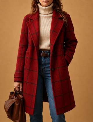 Women's classic checkered two-button coat with lapel and straight fit