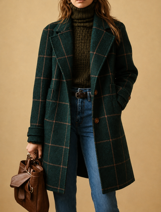 Women's classic checkered two-button coat with lapel and straight fit