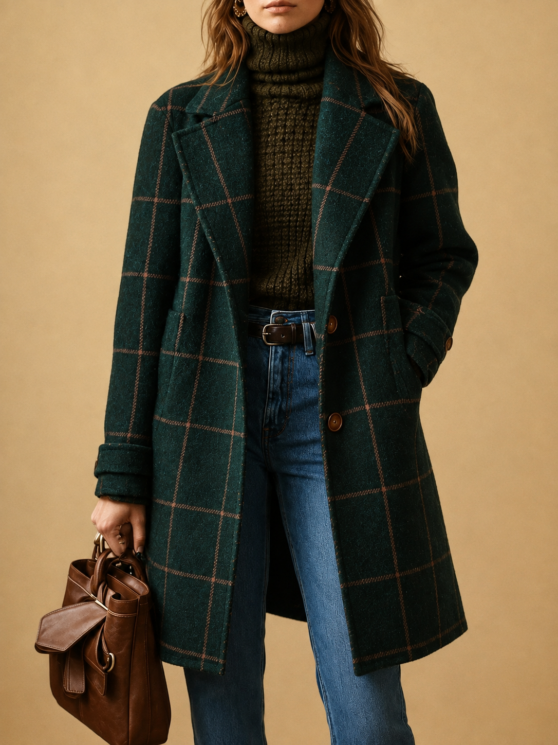 Women's classic checkered two-button coat with lapel and straight fit