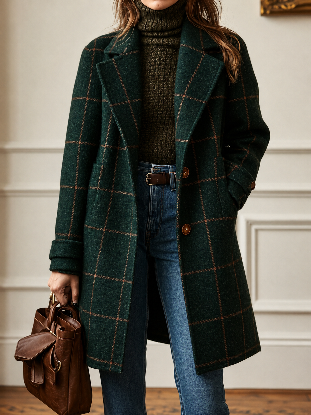 Women's classic checkered two-button coat with lapel and straight fit