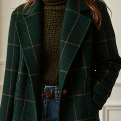Women's classic checkered two-button coat with lapel and straight fit