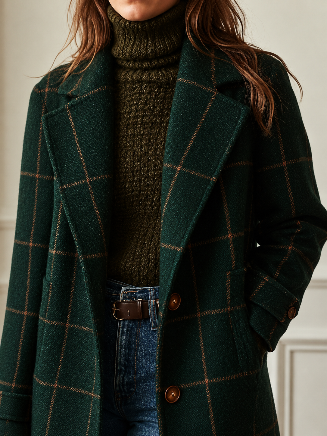 Women's classic checkered two-button coat with lapel and straight fit