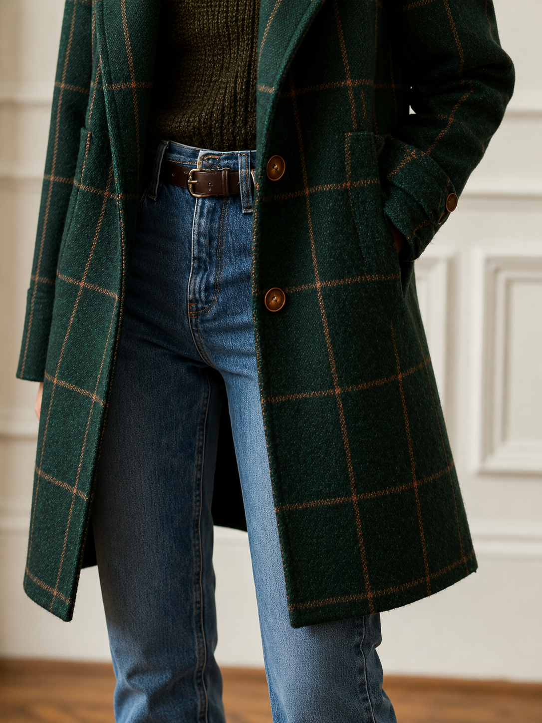 Women's classic checkered two-button coat with lapel and straight fit