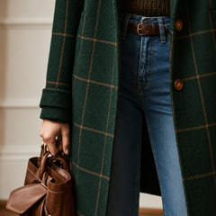 Women's classic checkered two-button coat with lapel and straight fit