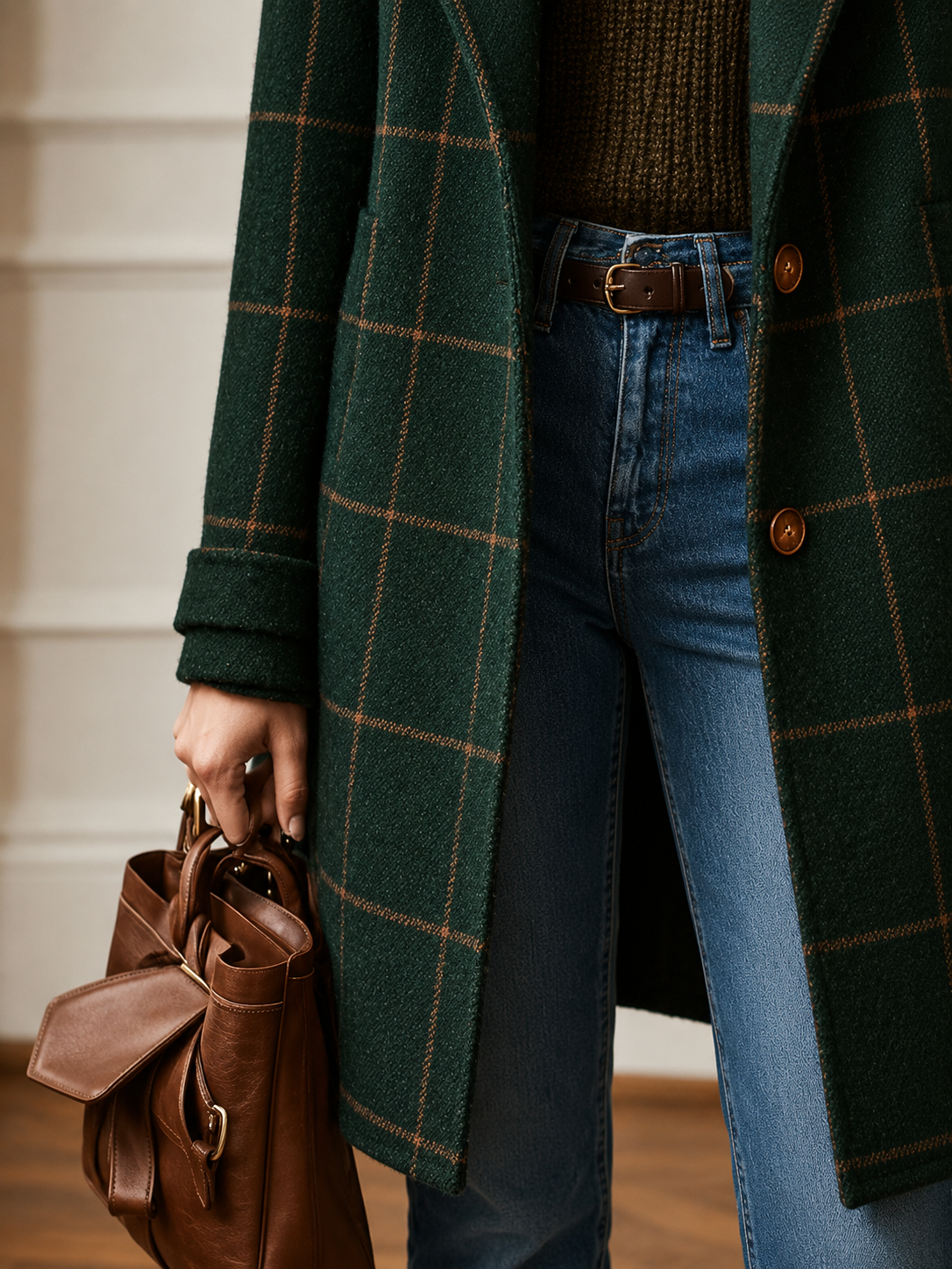 Women's classic checkered two-button coat with lapel and straight fit