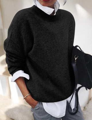 Women's solid single-tone round neck pullover sweater with long sleeves and straight hem
