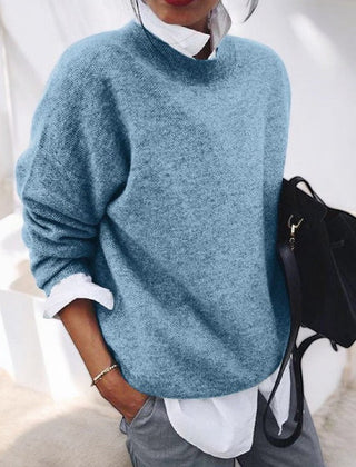 Women's solid single-tone round neck pullover sweater with long sleeves and straight hem