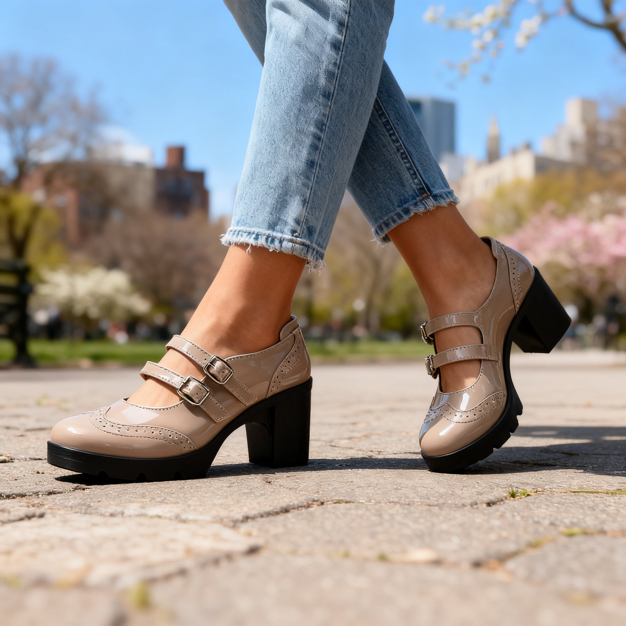 Brexley double strap platform Mary Jane block heel with brogue perforation and lug sole