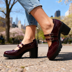 Brexley double strap platform Mary Jane block heel with brogue perforation and lug sole