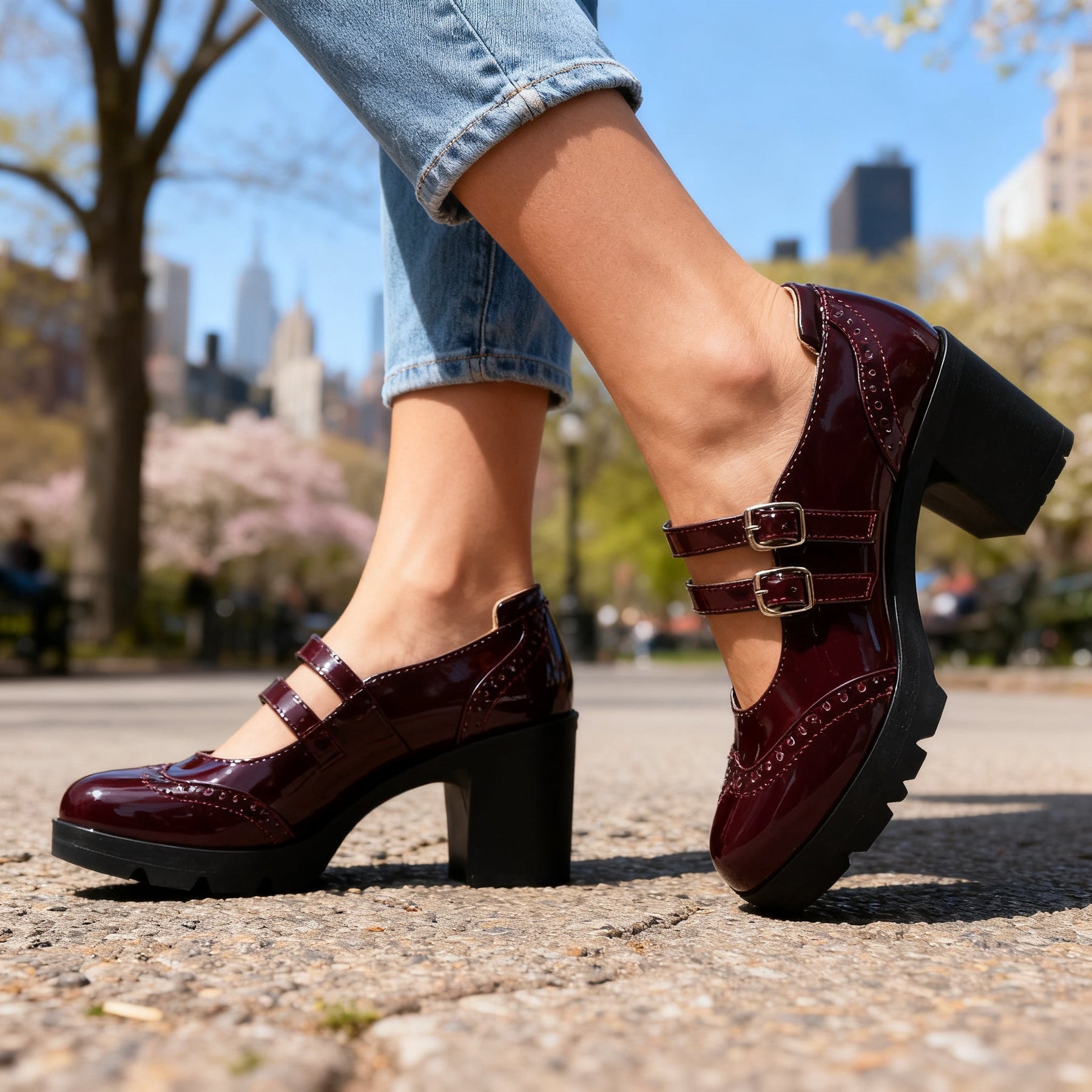 Brexley double strap platform Mary Jane block heel with brogue perforation and lug sole
