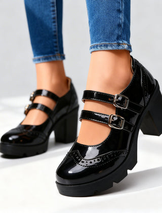 Brexley double strap platform Mary Jane block heel with brogue perforation and lug sole