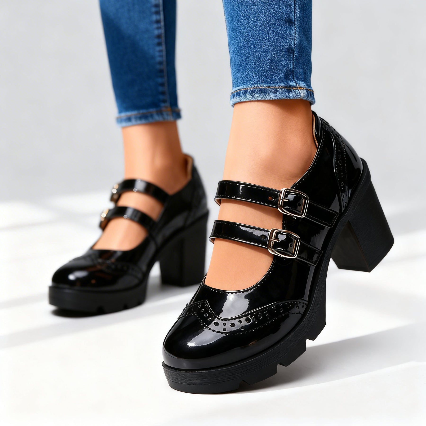 Brexley double strap platform Mary Jane block heel with brogue perforation and lug sole