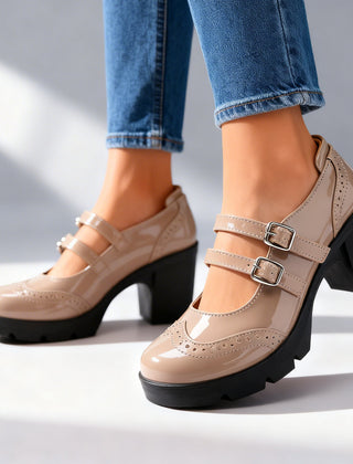 Brexley double strap platform Mary Jane block heel with brogue perforation and lug sole