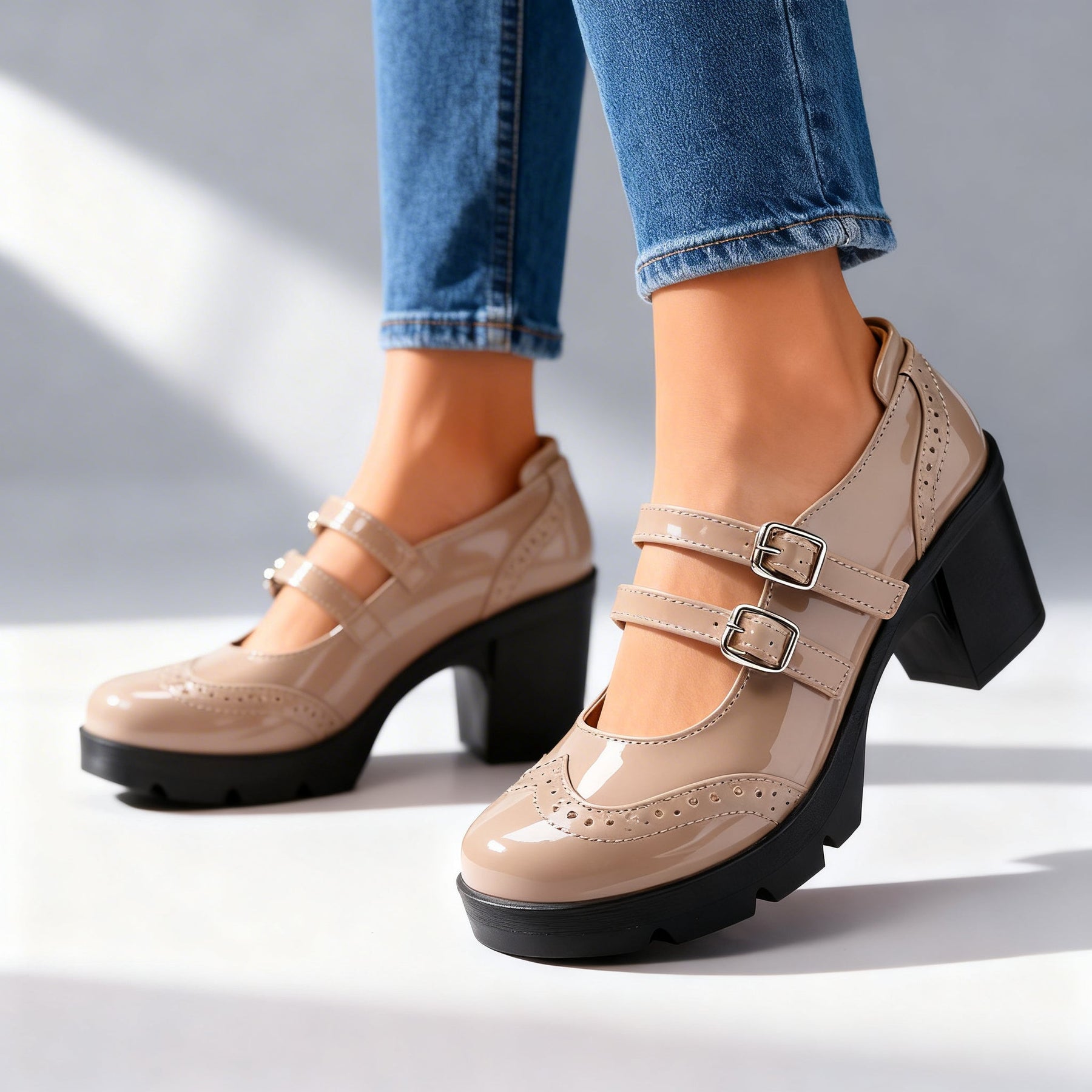 Brexley double strap platform Mary Jane block heel with brogue perforation and lug sole