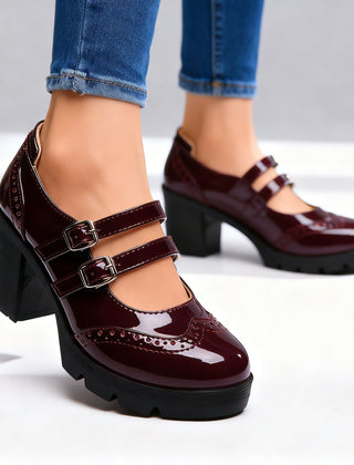 Brexley double strap platform Mary Jane block heel with brogue perforation and lug sole