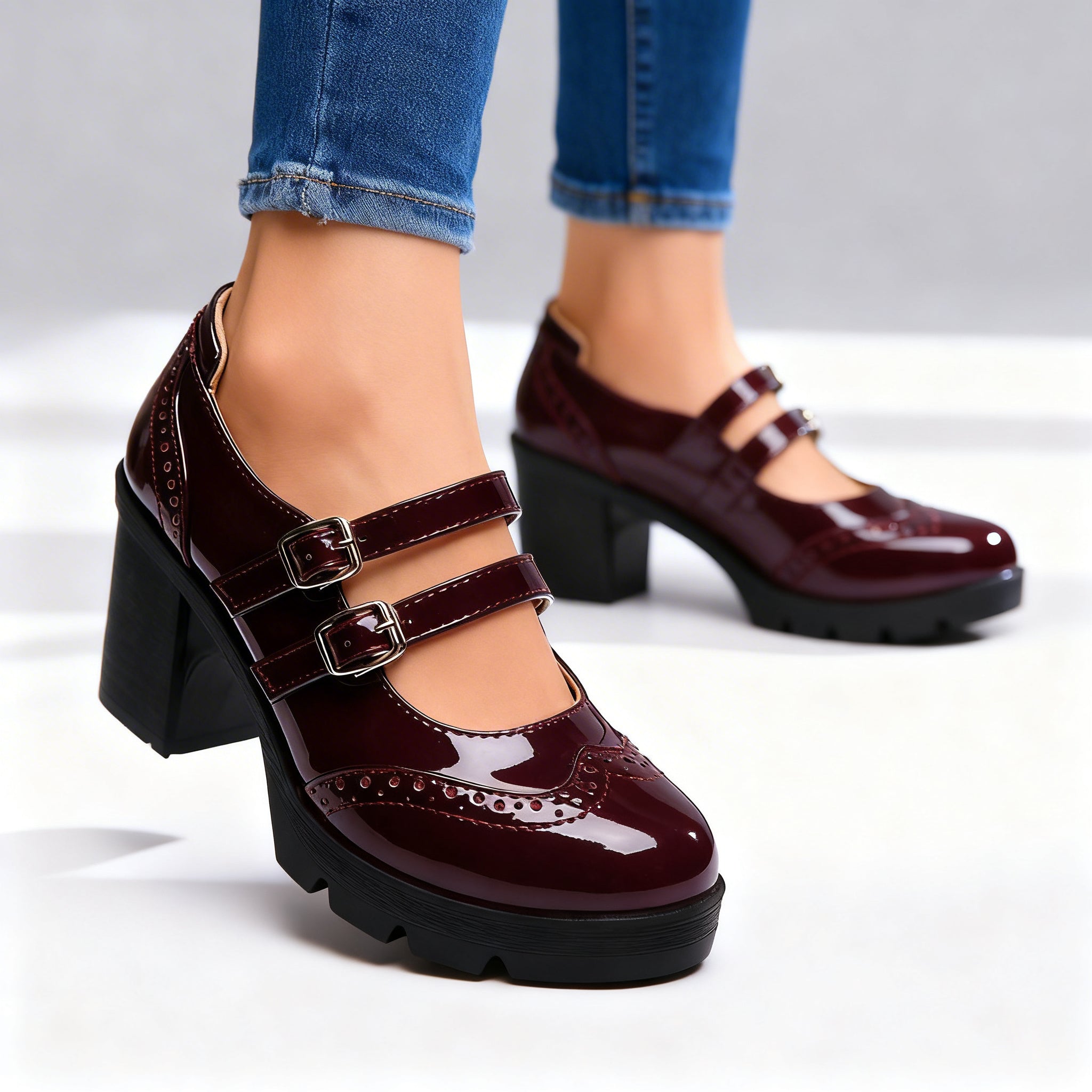 Brexley double strap platform Mary Jane block heel with brogue perforation and lug sole