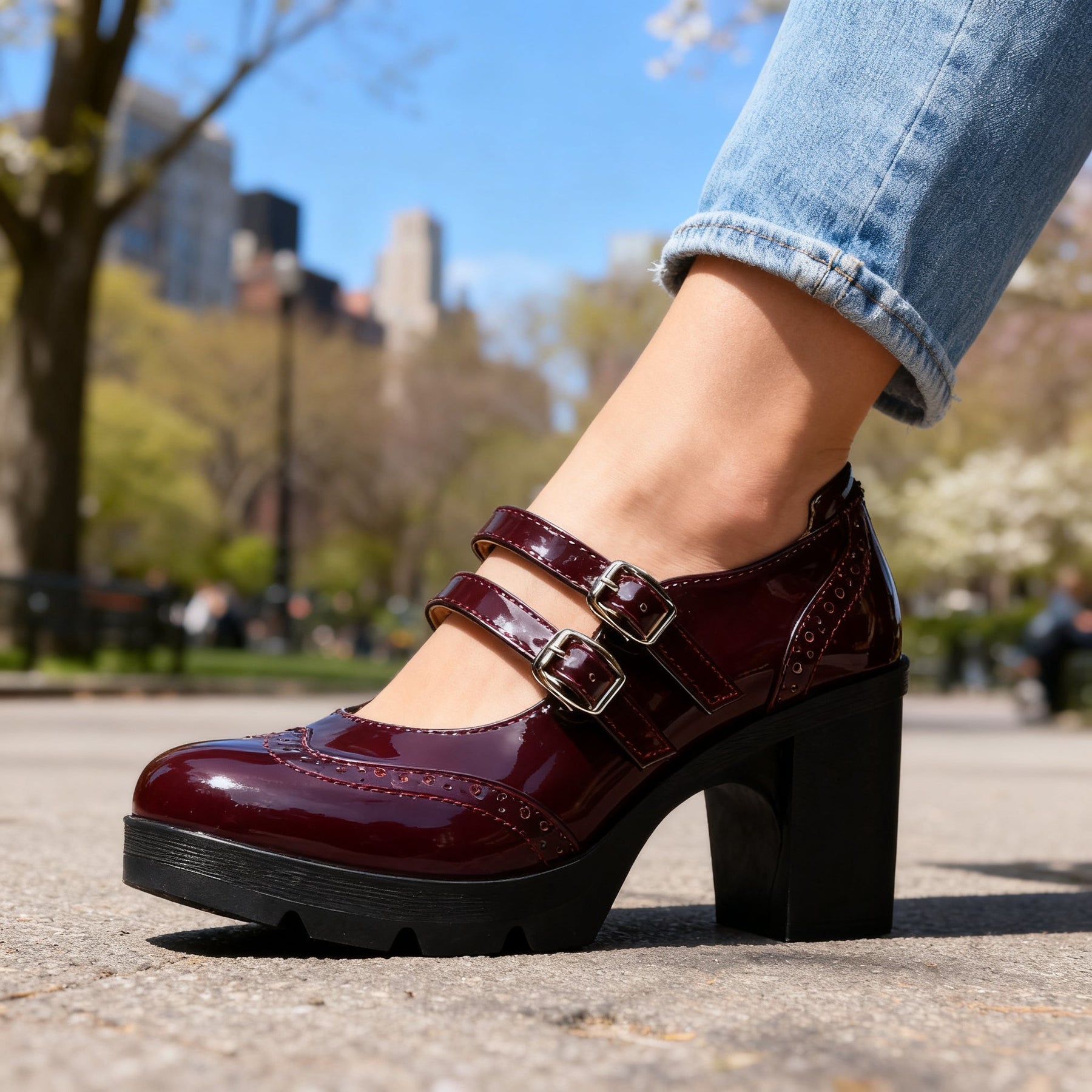 Brexley double strap platform Mary Jane block heel with brogue perforation and lug sole