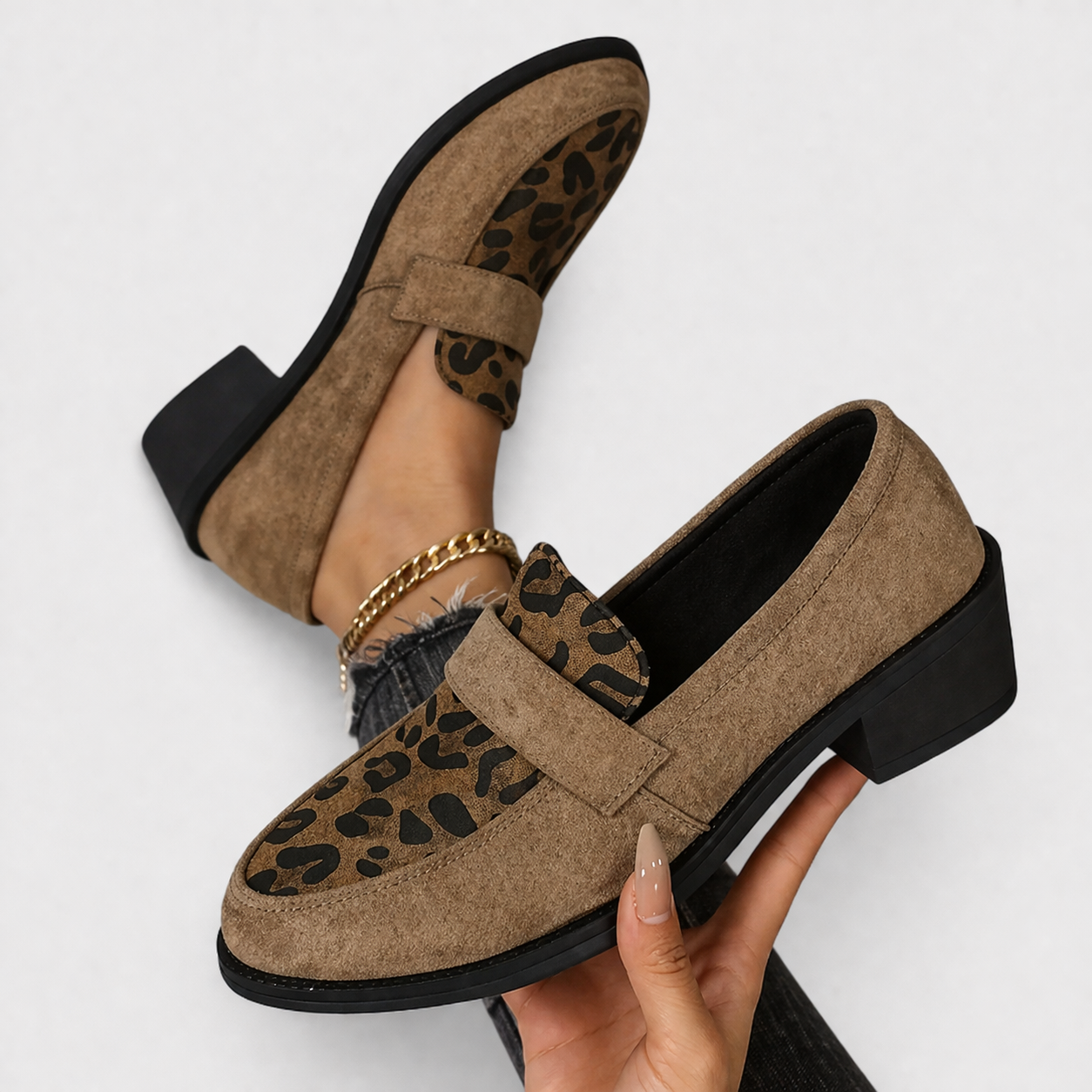 Brunika slip-on loafers in brown, grey and black with a refined, structured design