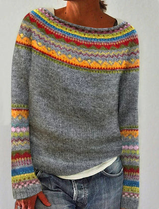 Women's long sleeve sweater with wide neckline and patterned bands in a straight silhouette