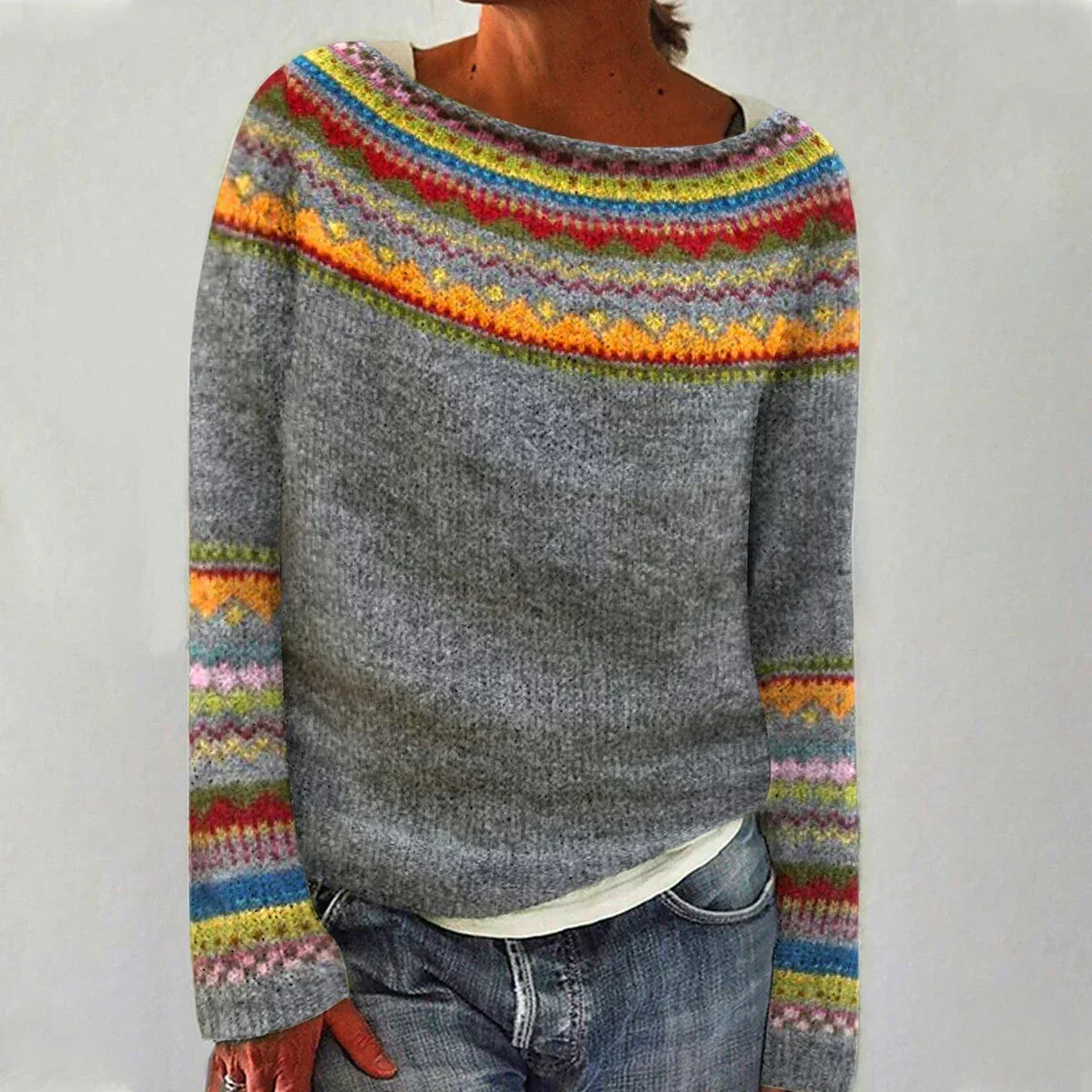 Women's long sleeve sweater with wide neckline and patterned bands in a straight silhouette