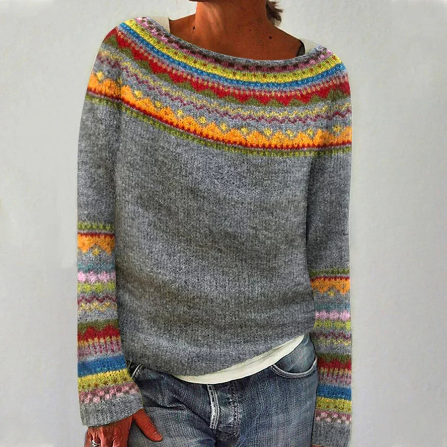 Women's long sleeve sweater with wide neckline and patterned bands in a straight silhouette