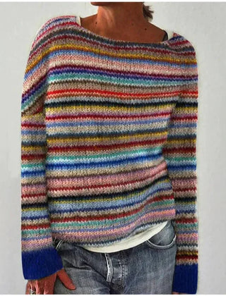 Women's long sleeve sweater with wide neckline and patterned bands in a straight silhouette