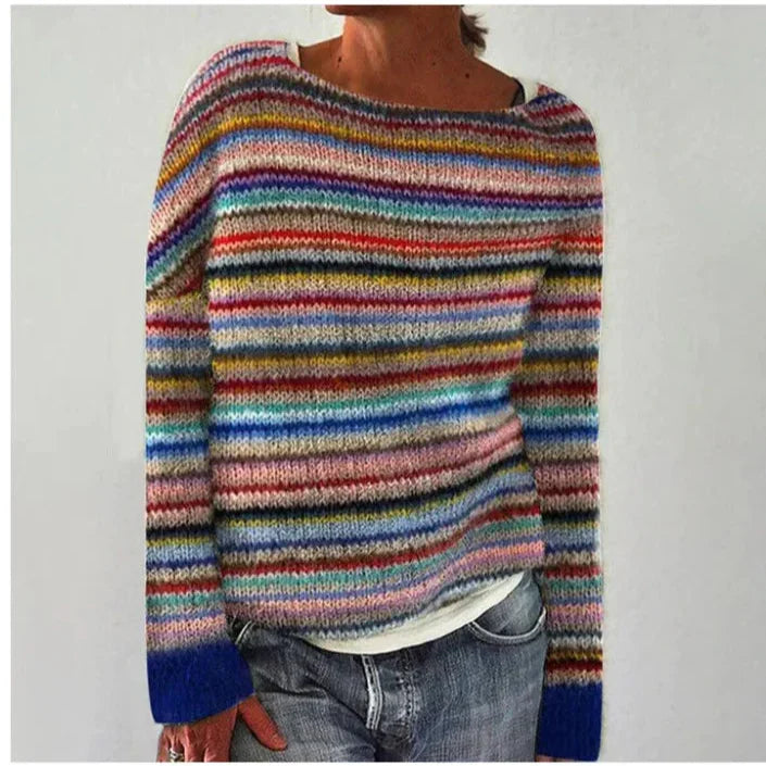 Women's long sleeve sweater with wide neckline and patterned bands in a straight silhouette
