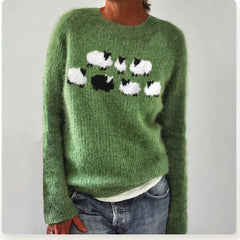 Women's long sleeve sweater with wide neckline and patterned bands in a straight silhouette