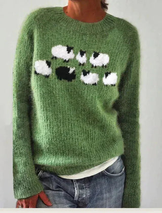Women's long sleeve sweater with wide neckline and patterned bands in a straight silhouette