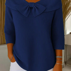 Women’s ribbed round-neck sweater with a fixed bow detail and three-quarter sleeves