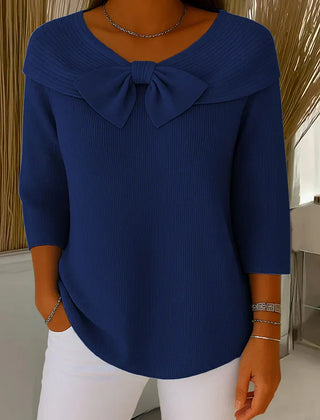Women’s ribbed round-neck sweater with a fixed bow detail and three-quarter sleeves