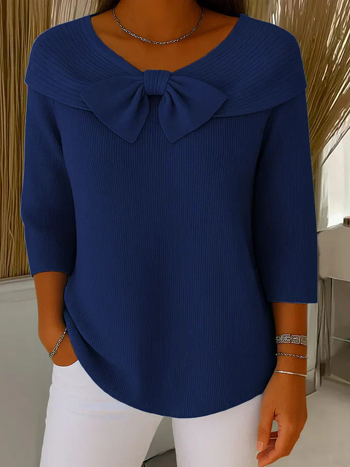 Women’s ribbed round-neck sweater with a fixed bow detail and three-quarter sleeves