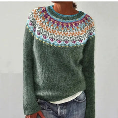 Women's long sleeve sweater with wide neckline and patterned bands in a straight silhouette